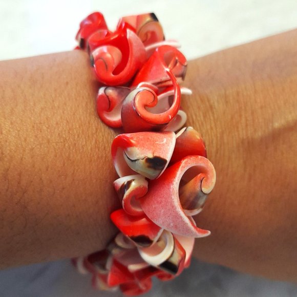 Light Blue Shell and Stone Necklace/ Coral coloured Shell Stretch Bracelet - Picture 3 of 14